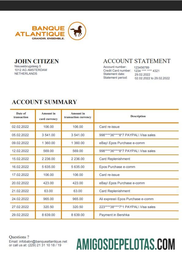 Modelo realista de extrato bancário do Benin Banque Atlantique em formato Word e PDF